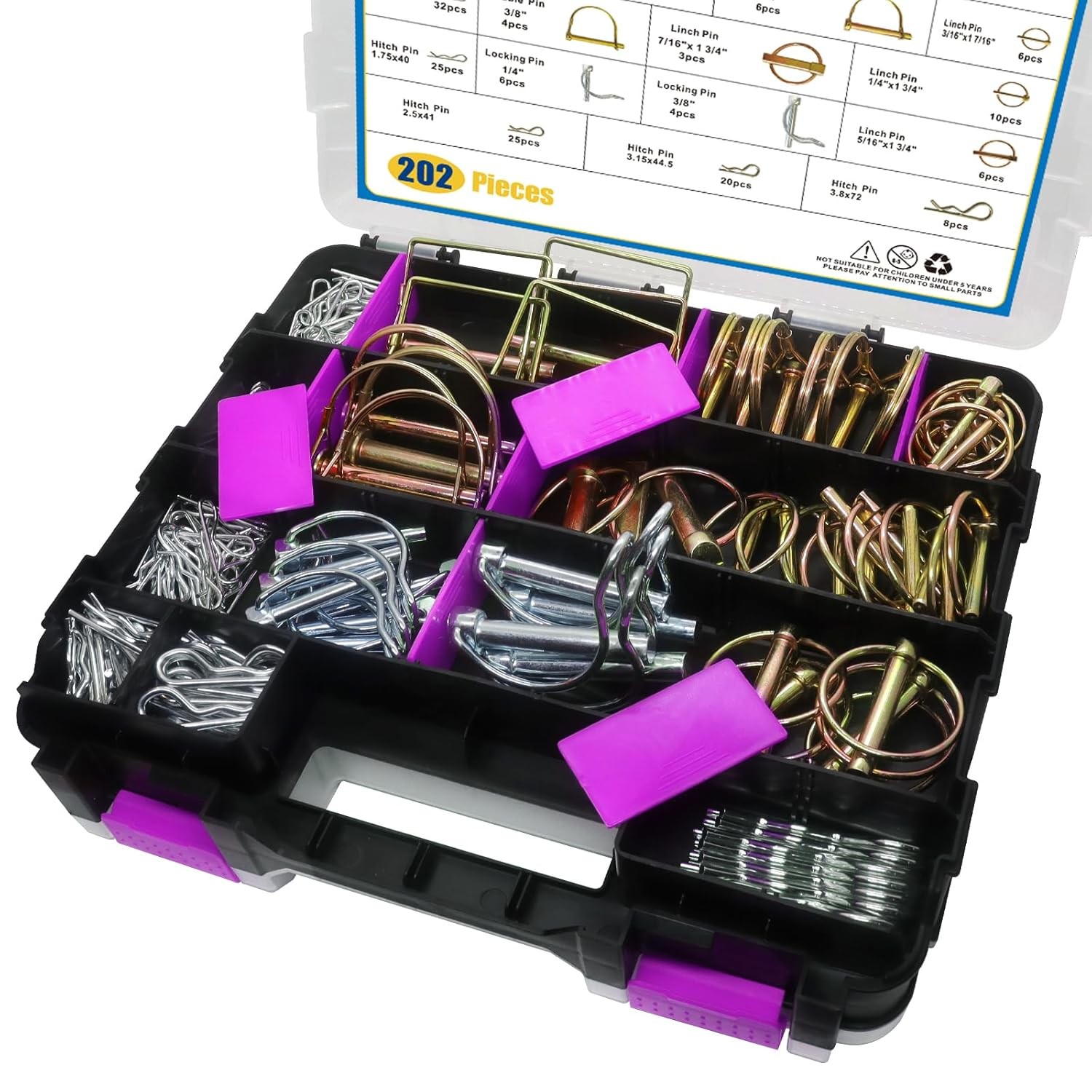202PCS Hitch Pins Clip Pins, Linch and PTO Pins for Trailers Tractors Trucks Tow
