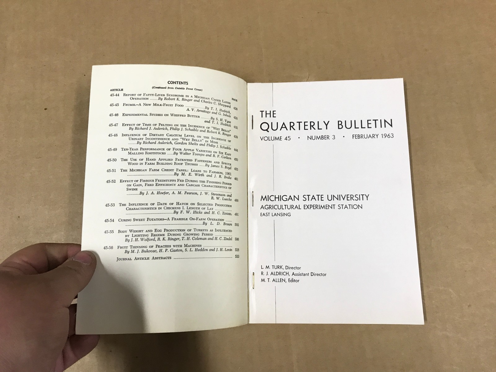 VTG Michigan State Agriculture Quarterly Bulletin – Vol. 45 No.3 – February 1963