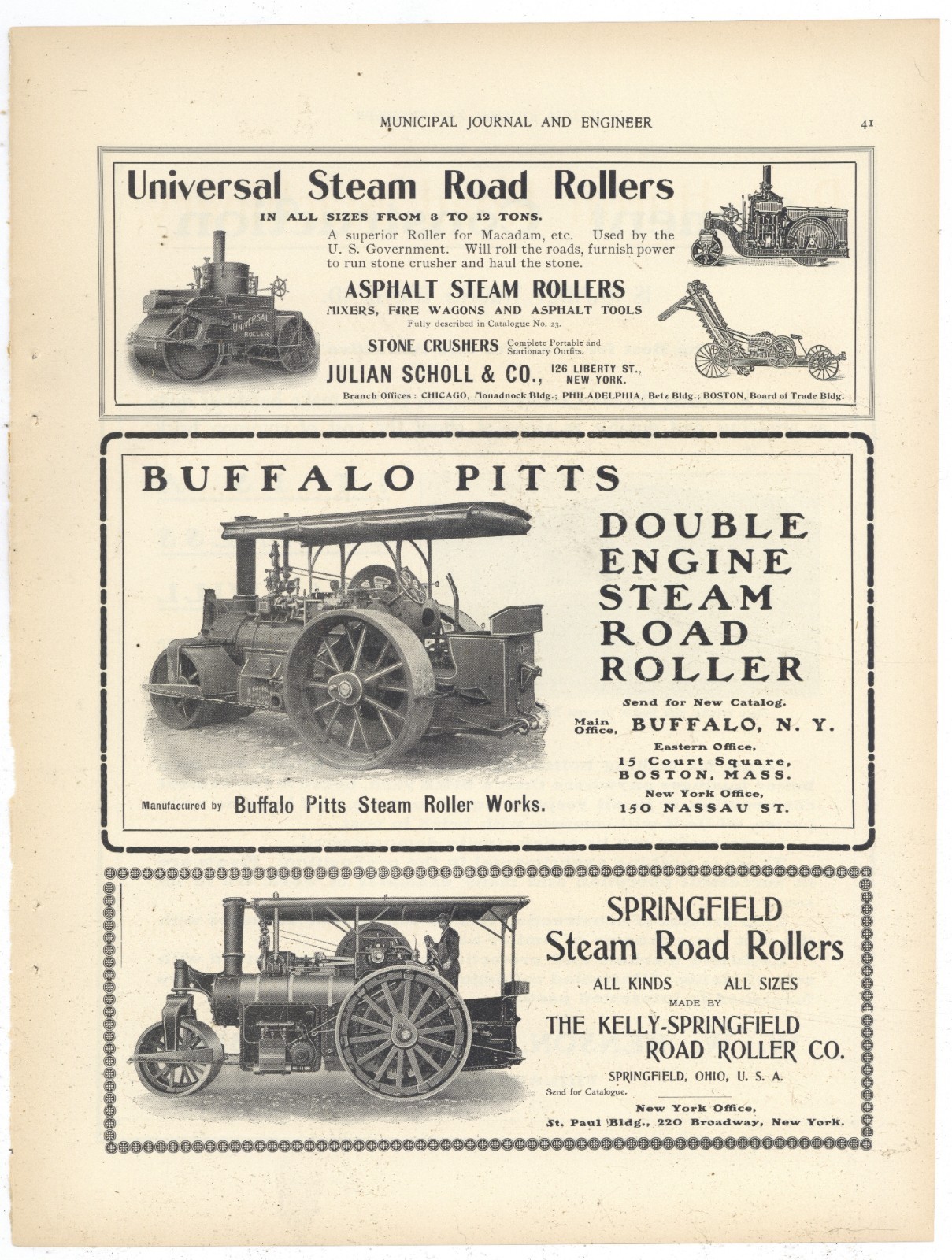 1903 Road Roller Ads on Same Pg: Kelly Springfield, Buffalo Pitts, Universal