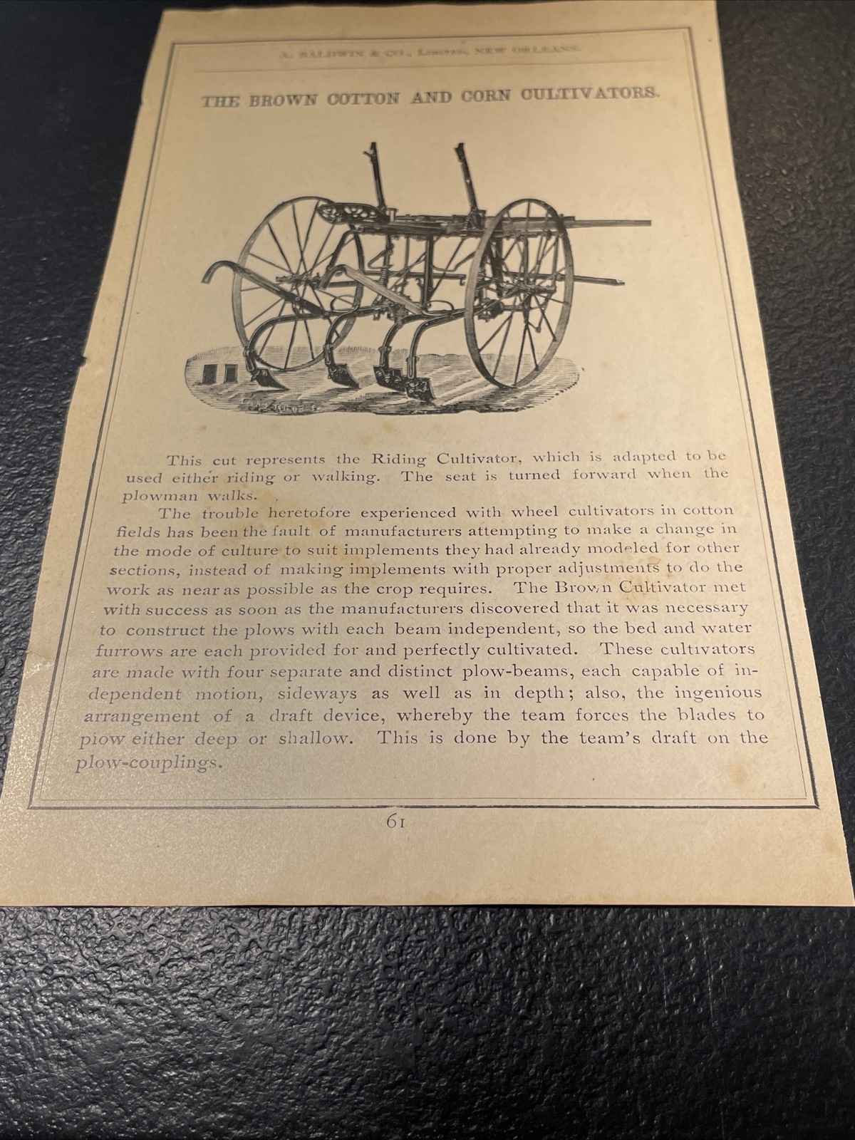 1891 Baldwin – Brown Cotton & Corn Cultivator Farm Advertising – New Orleans