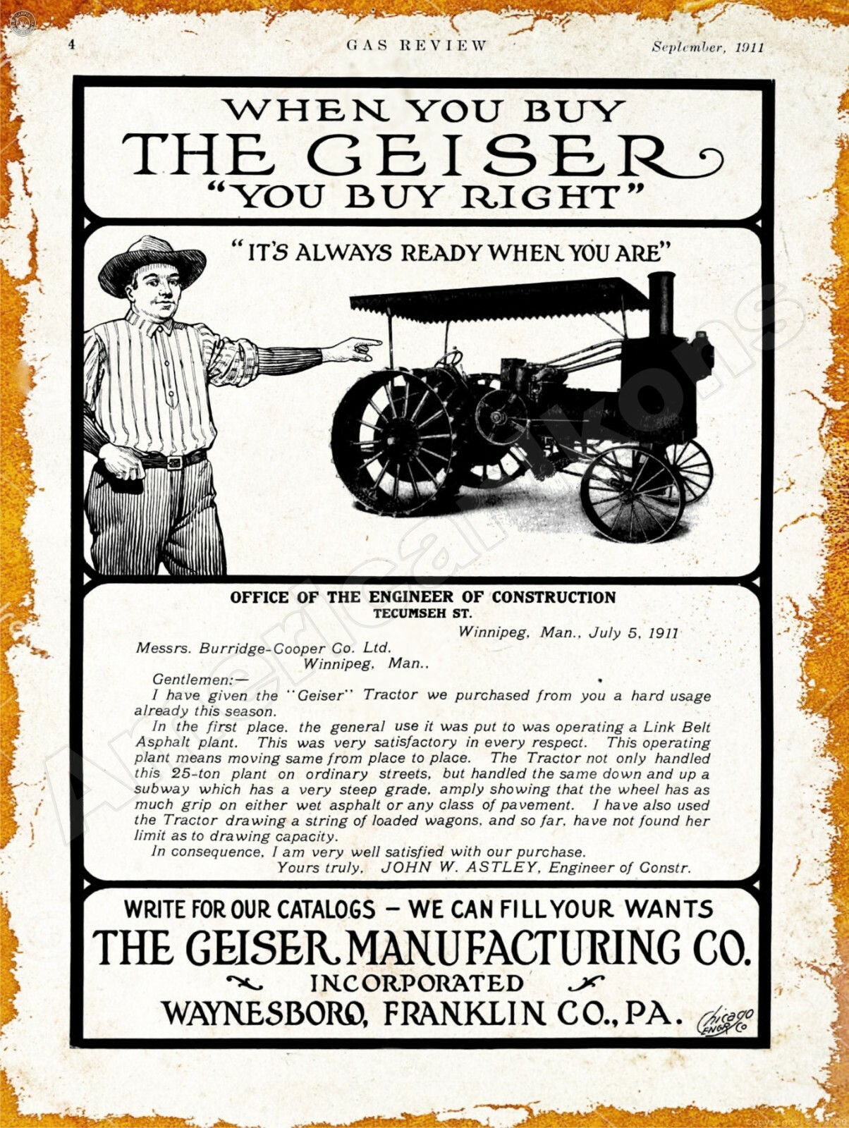 1911 Geiser Mfg. Co. Gas Tractor New Metal Sign: Waynesboro, Pennsylvania