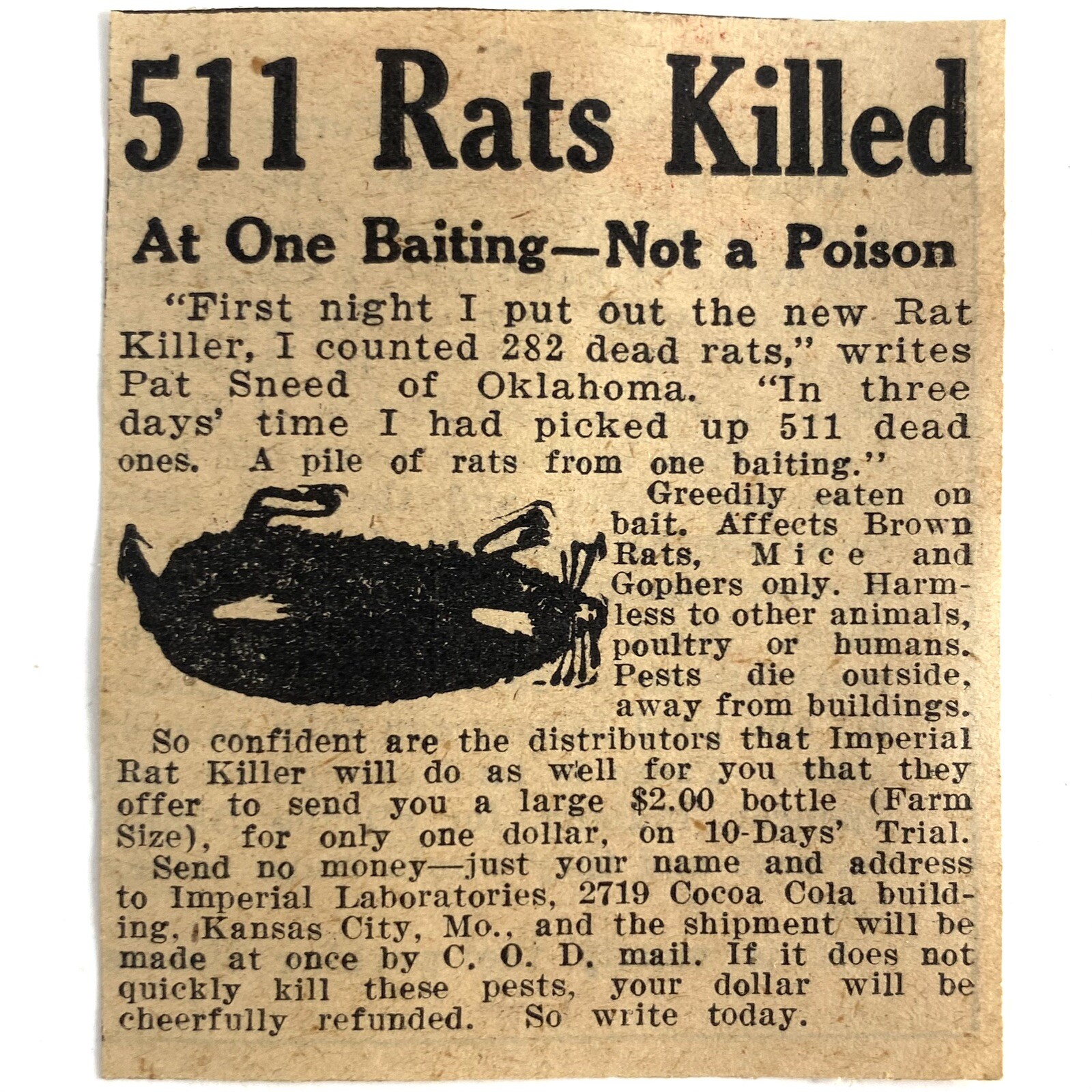1927 Imperial Rat Killer Vintage Magazine Print Ad Farm Pests Coca-Cola Building