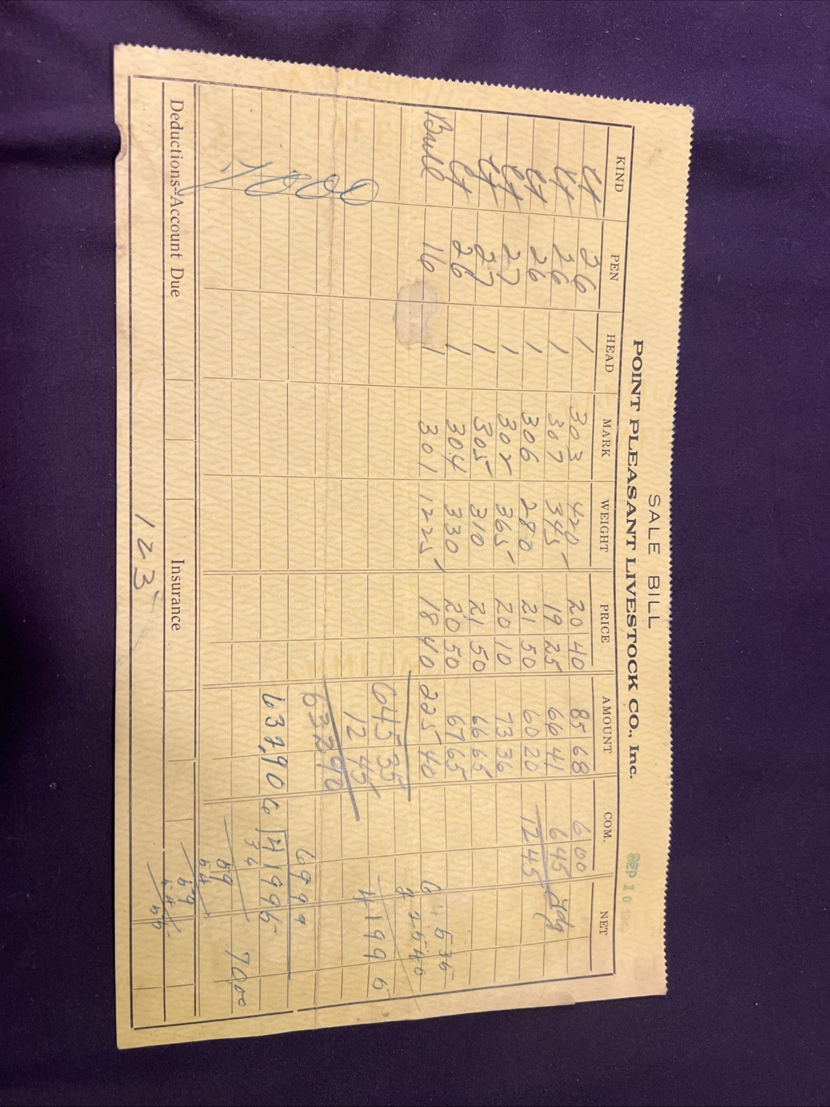Vintage Livestock Company Bill Of Sale 1949