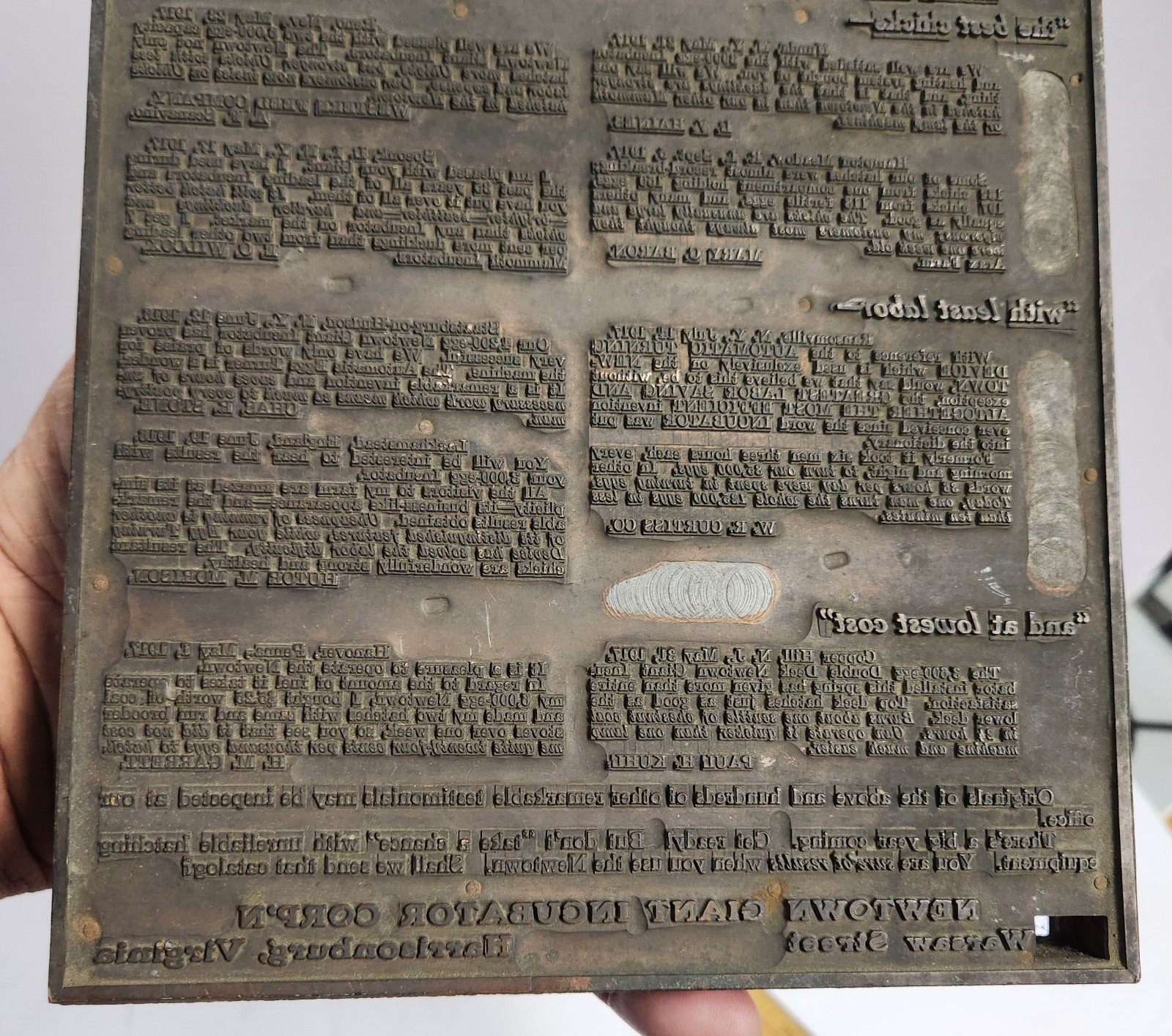 1910&rsquo;s-20&rsquo;s THE NEWTOWN GIANT INCUBATOR Printing Plate For Full Page Ad. 7&Prime;x10&Prime;