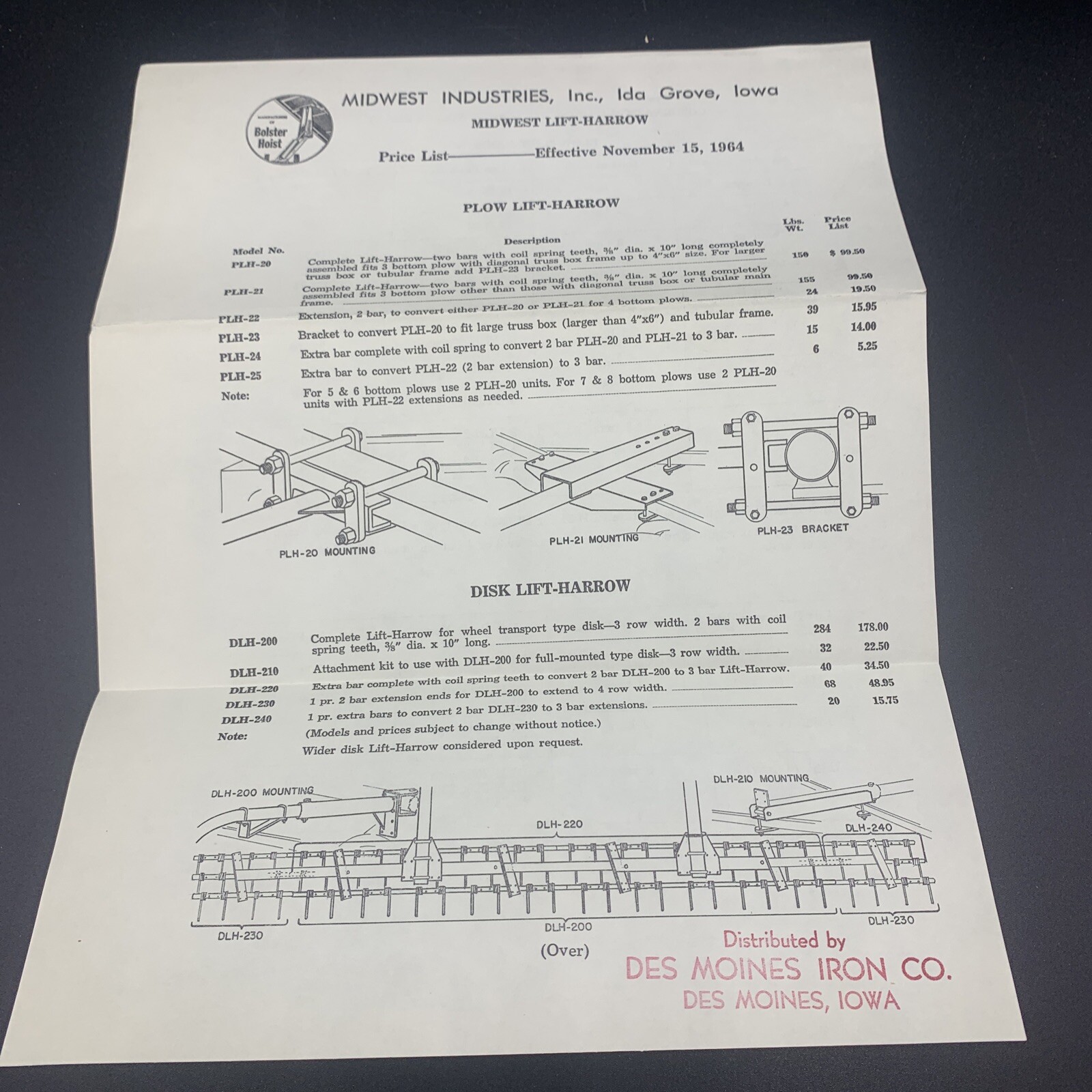 1964 Midwest Industries Lift Harrow Sales Brochure & Price List Ida Grove Iowa