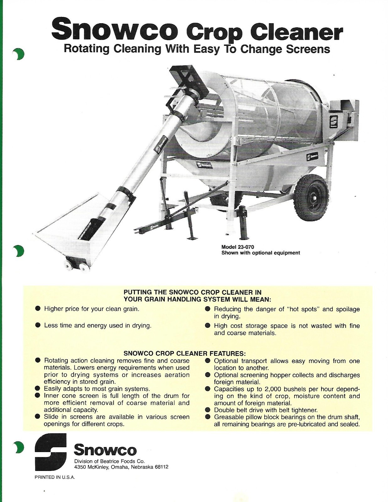 Farm Equipment Data Sheet – Snowco – Crop Cleaner – c1980 – Brochure (F9552)