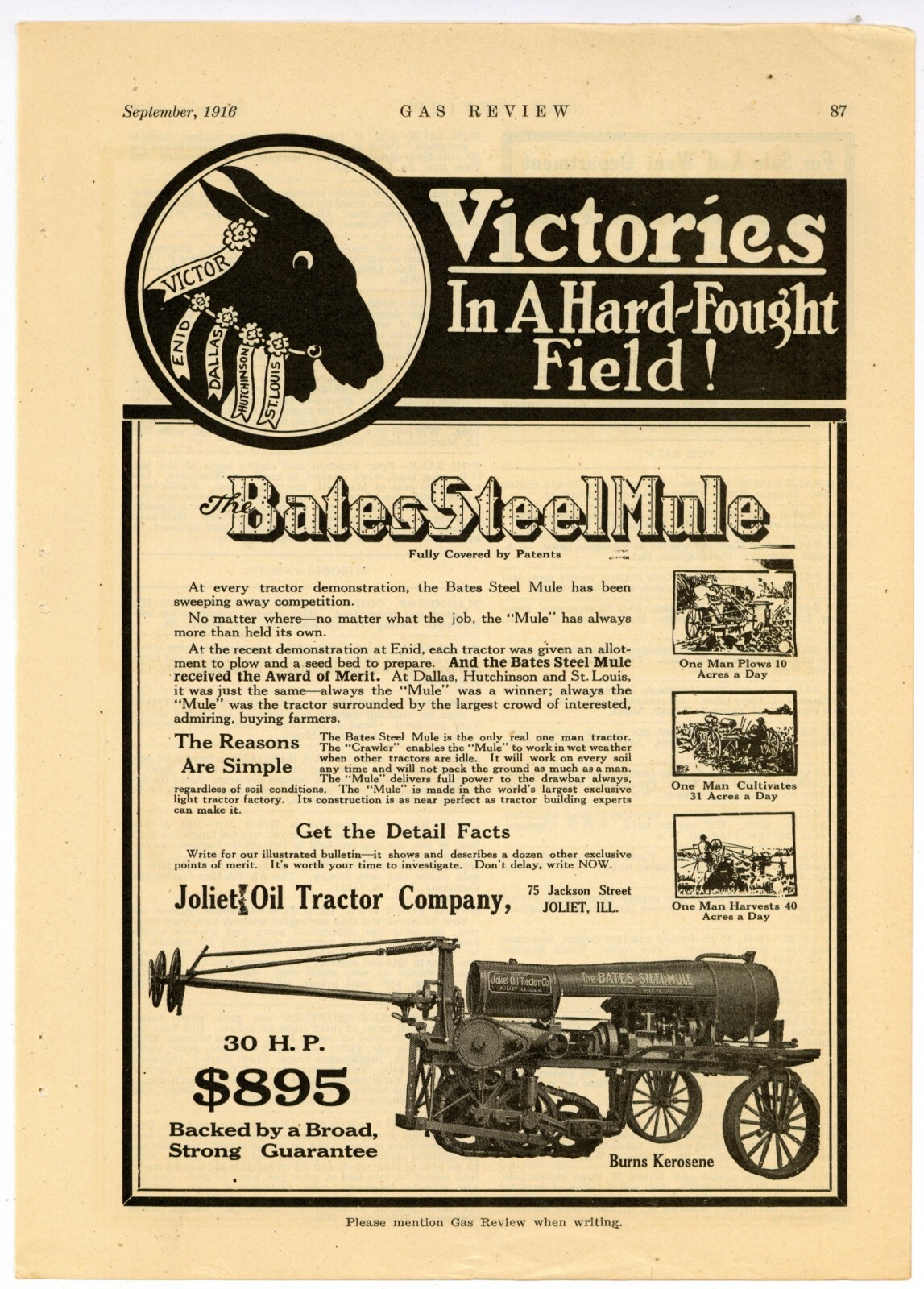 1916 Bates Steel Mule Ad: Joliet Oil Tractor Co. Joliet, Illinois – VICTORIES!
