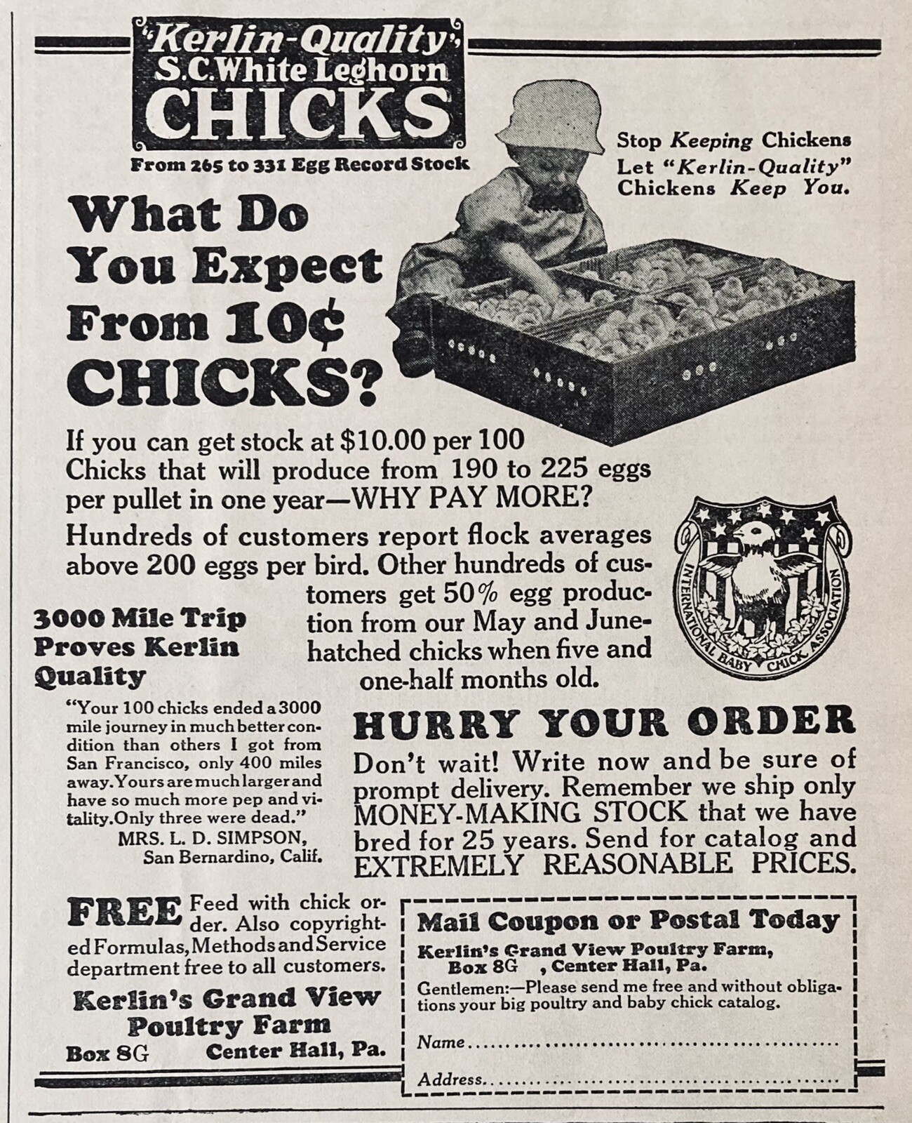 1925 AD.(XH44)~KERLIN’S GRAND VIEW POULTRY FARM, CENTER HALL, PA. LEGHORN CHICKS