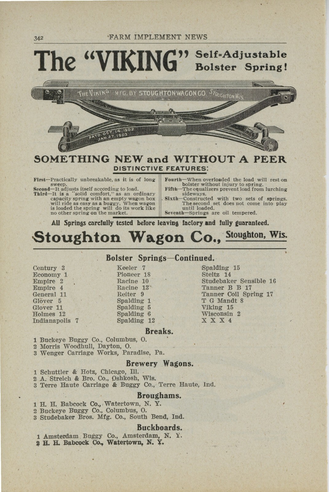 1905 Stoughton Wagon Co. Ad: Viking Bolster Spring – Stoughton, Wisconsin