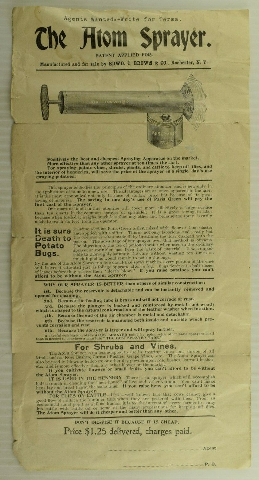 19th Century Atom Sprayer Bug Sprayer Duster Handbill Edward C. Brown