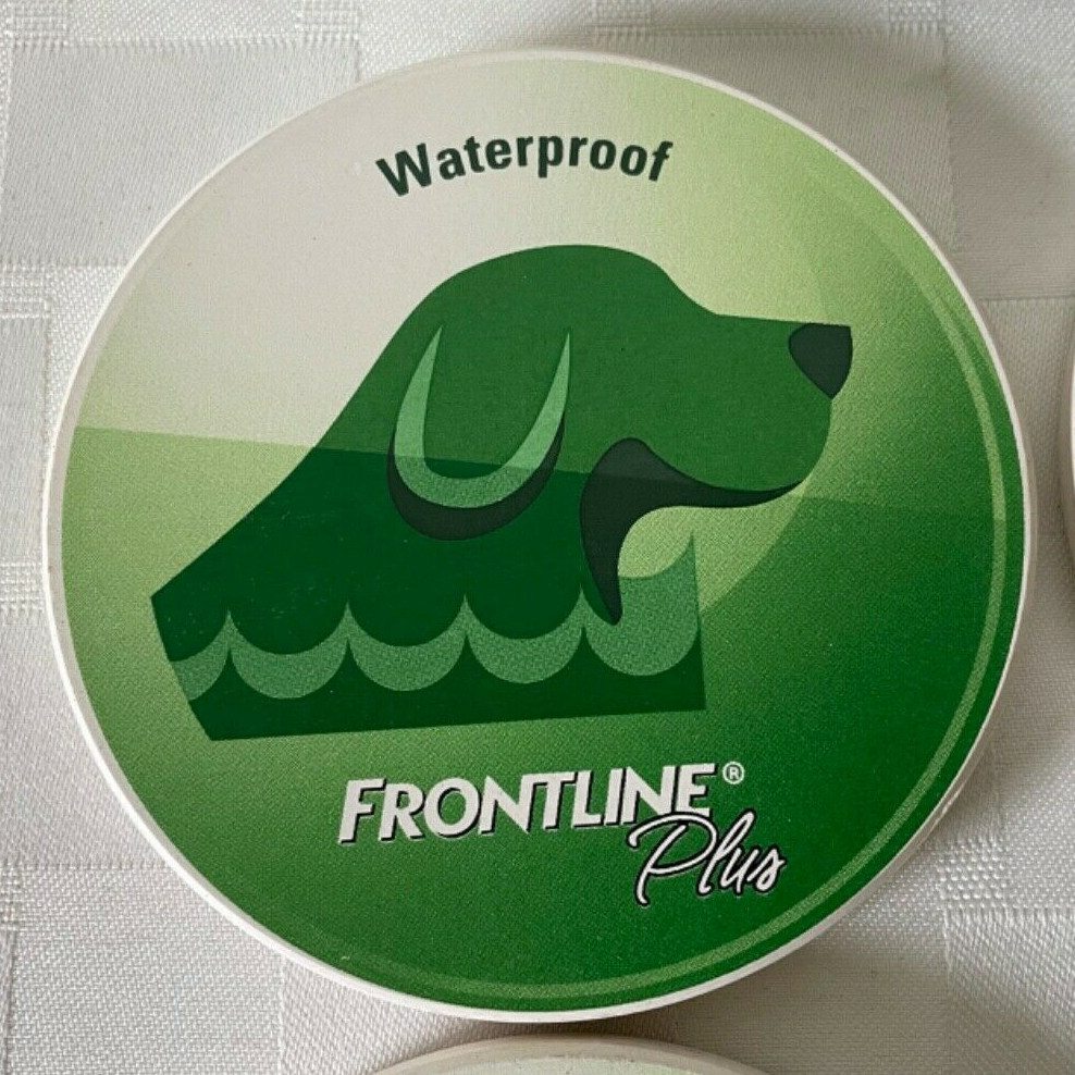 Frontline Plus Dog Flea Tick Promo Coasters Set of 4 Ceramic Cork Back 3.5” Vtg