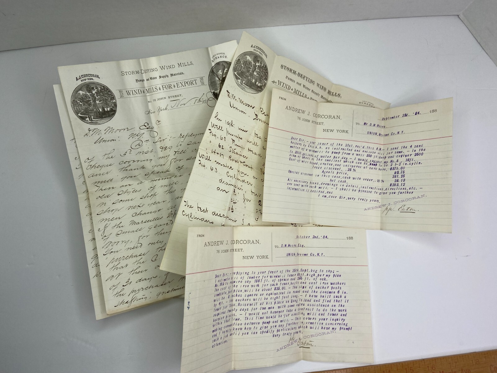 RARE ARCHIVE Letters EPHEMERA Billheads etc – Andrew Corcoran Wind Mills NY 1883