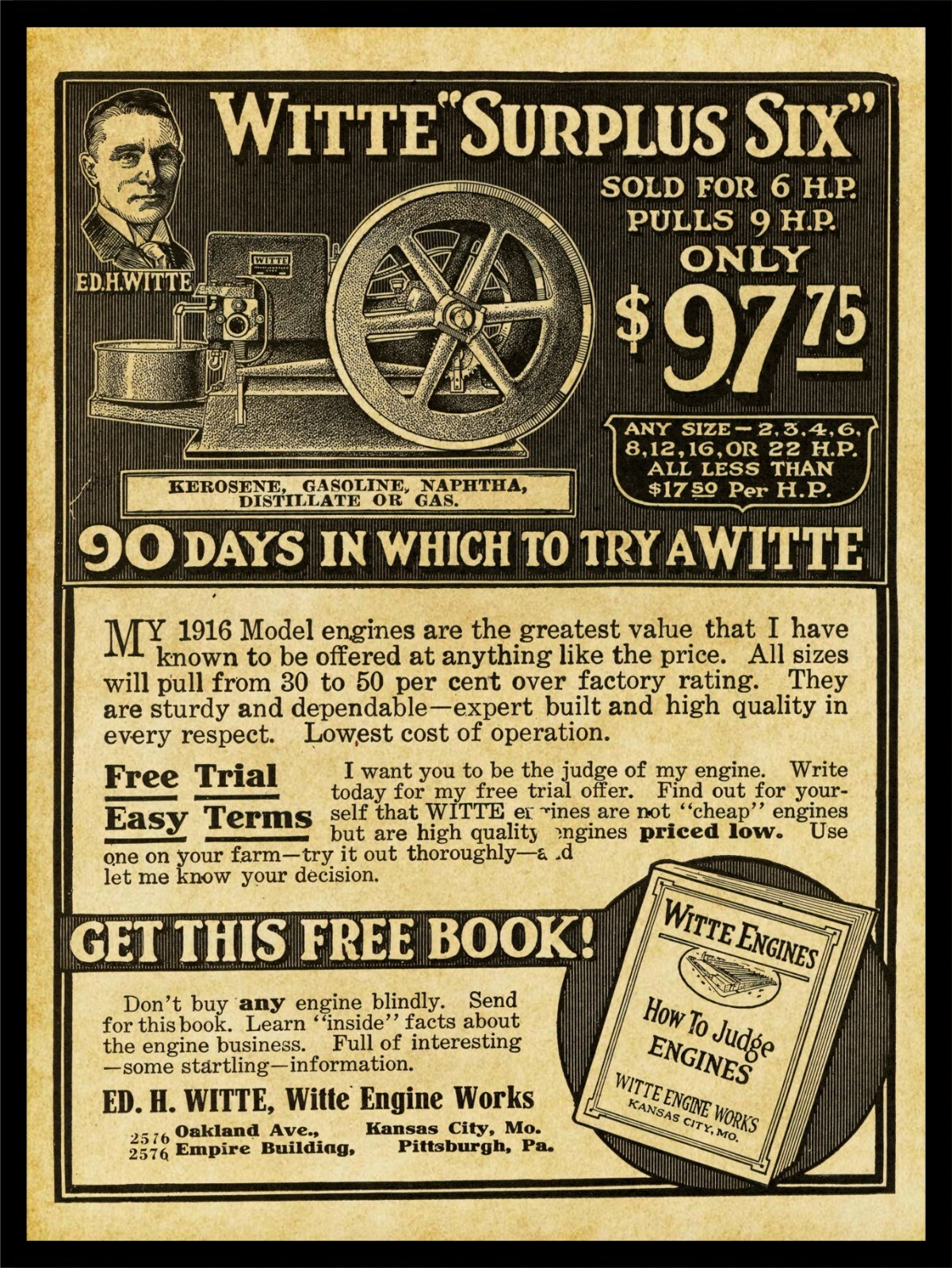1916 Witte Engine Works New NEW Metal Sign: Kerosene, Gas, Naphtha, Kansas City