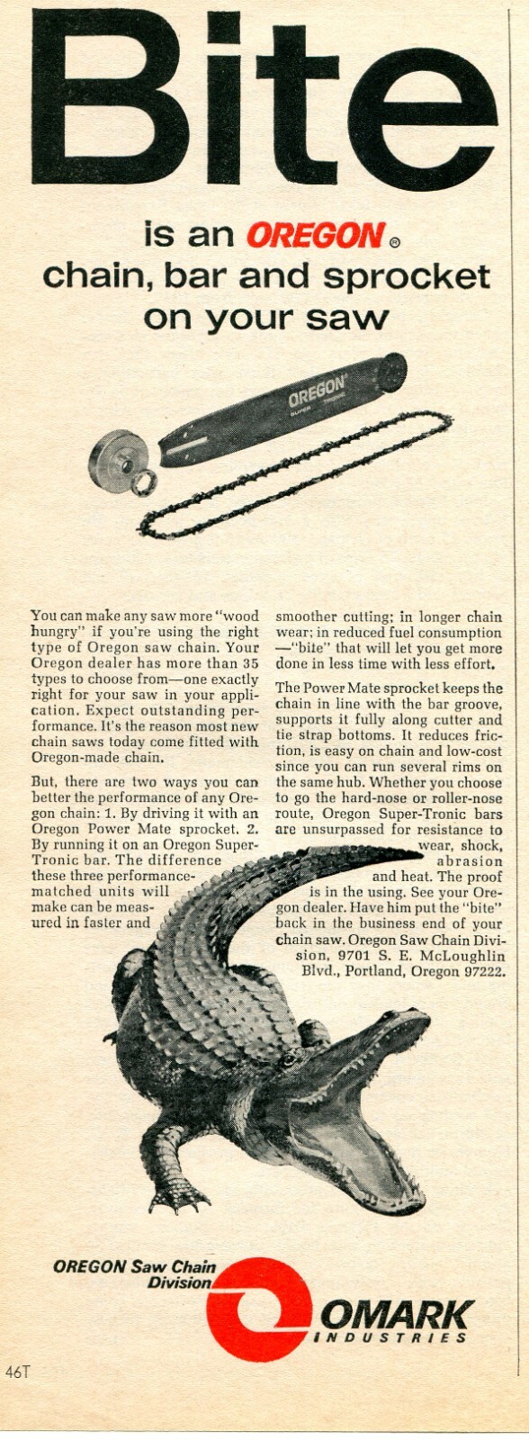 1968 small Print Ad of Omark Oregon Chain Saw Chain, Bar & Sprocket