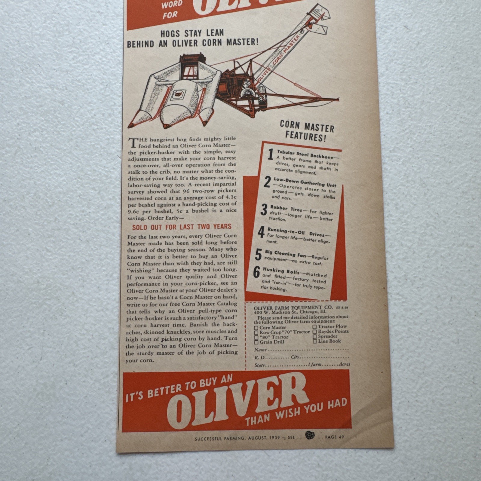 Oliver Farm Equip Co. Corn Master Successful Farming August 1939 Advertisement
