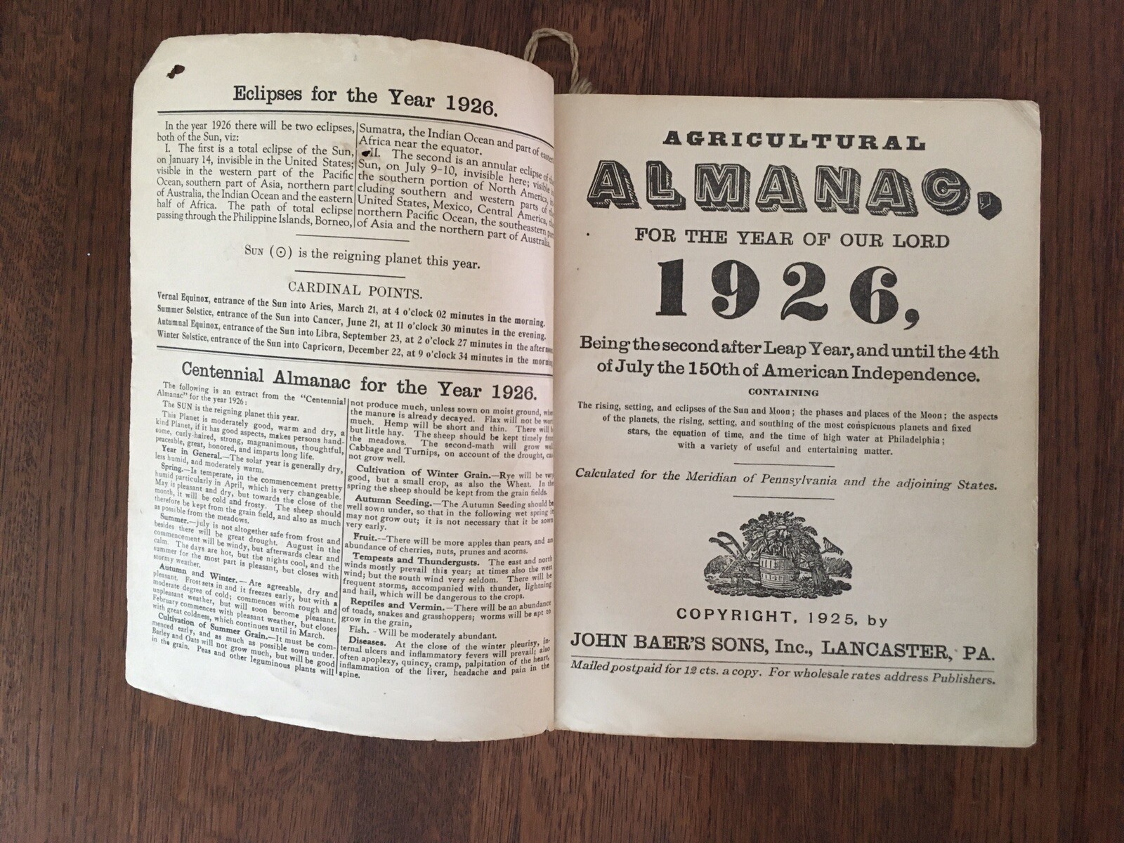 Vintage 1926 John Bear Baer&rsquo;s Agricultural Almanac Lancaster PA