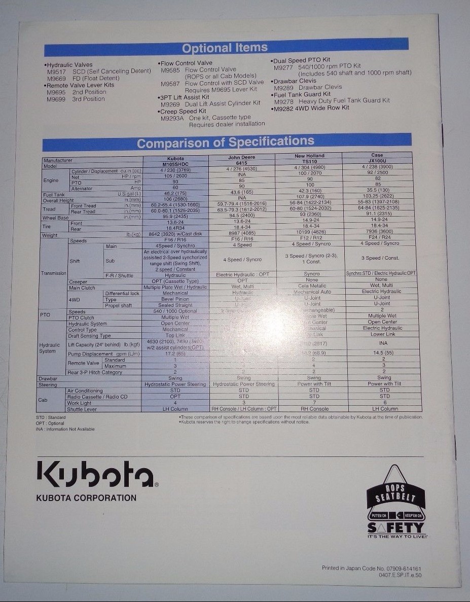 Kubota Dealers M105S Tractor Sales Brochure literature ad advertising very good