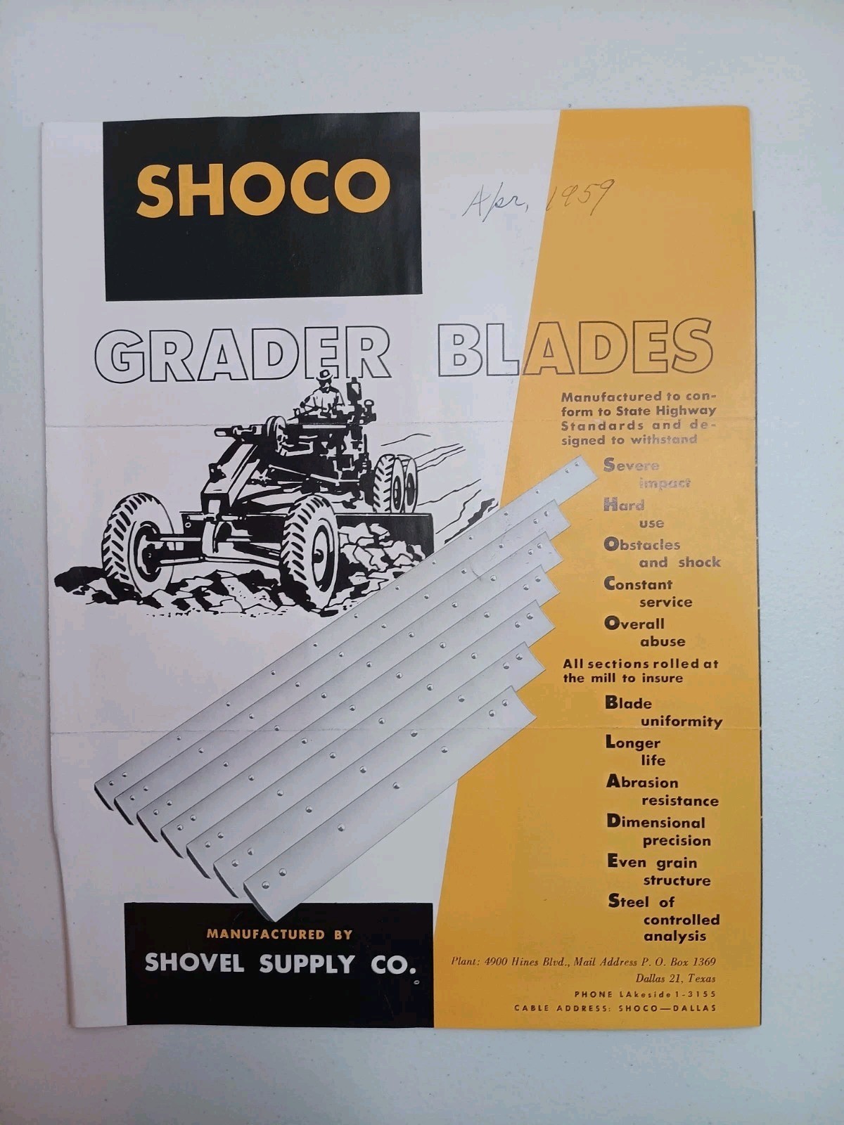 Vintage 1959 Grader Blades Shoco Motor Graders Sales Brochure Shovel Supply Co.