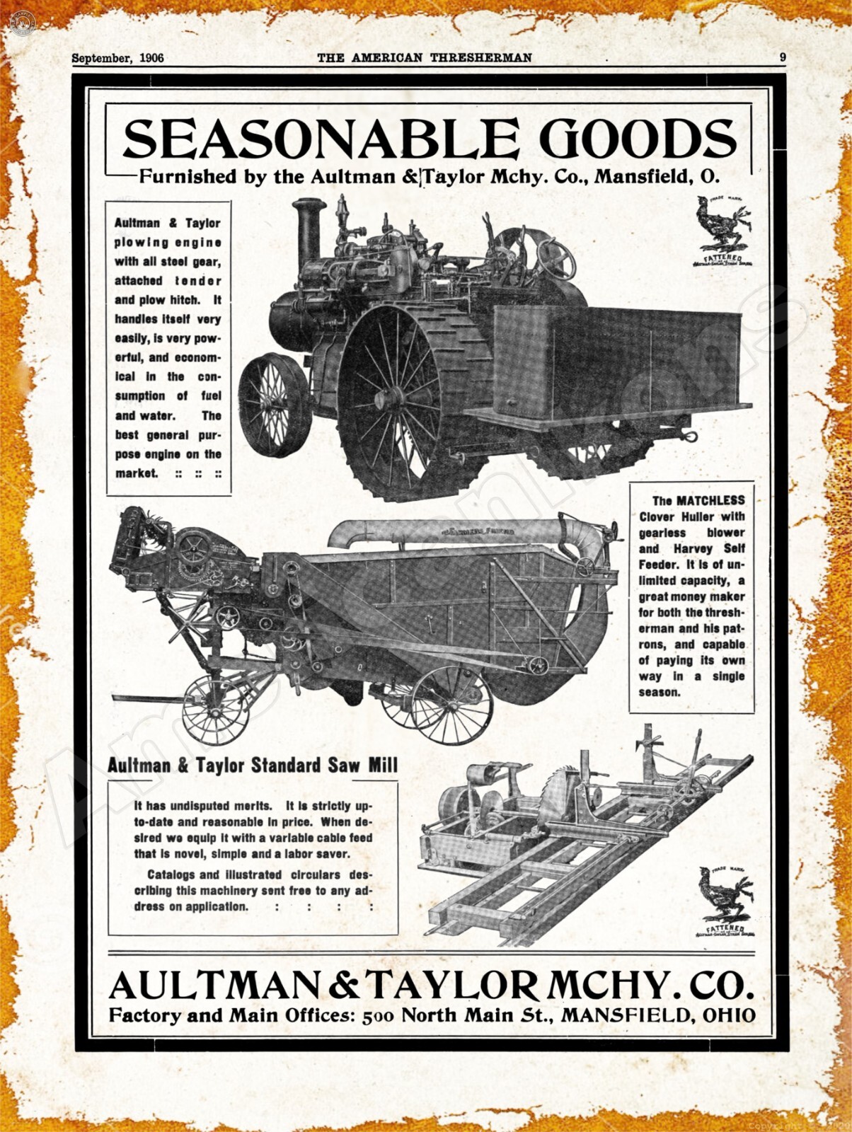 1906 Aultman & Taylor Threshing Machines New Metal Sign: 12×16&Prime; Ships Free