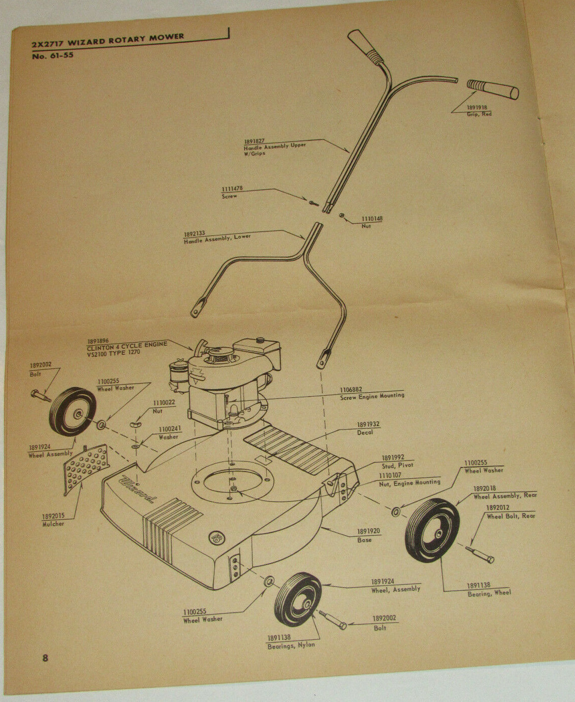 VTG 1955 WESTERN AUTO &lsquo;WIZARD&rsquo; LAWN MOWER INSTRUCTIONS/PARTS LIST/CLINTON ENGINE