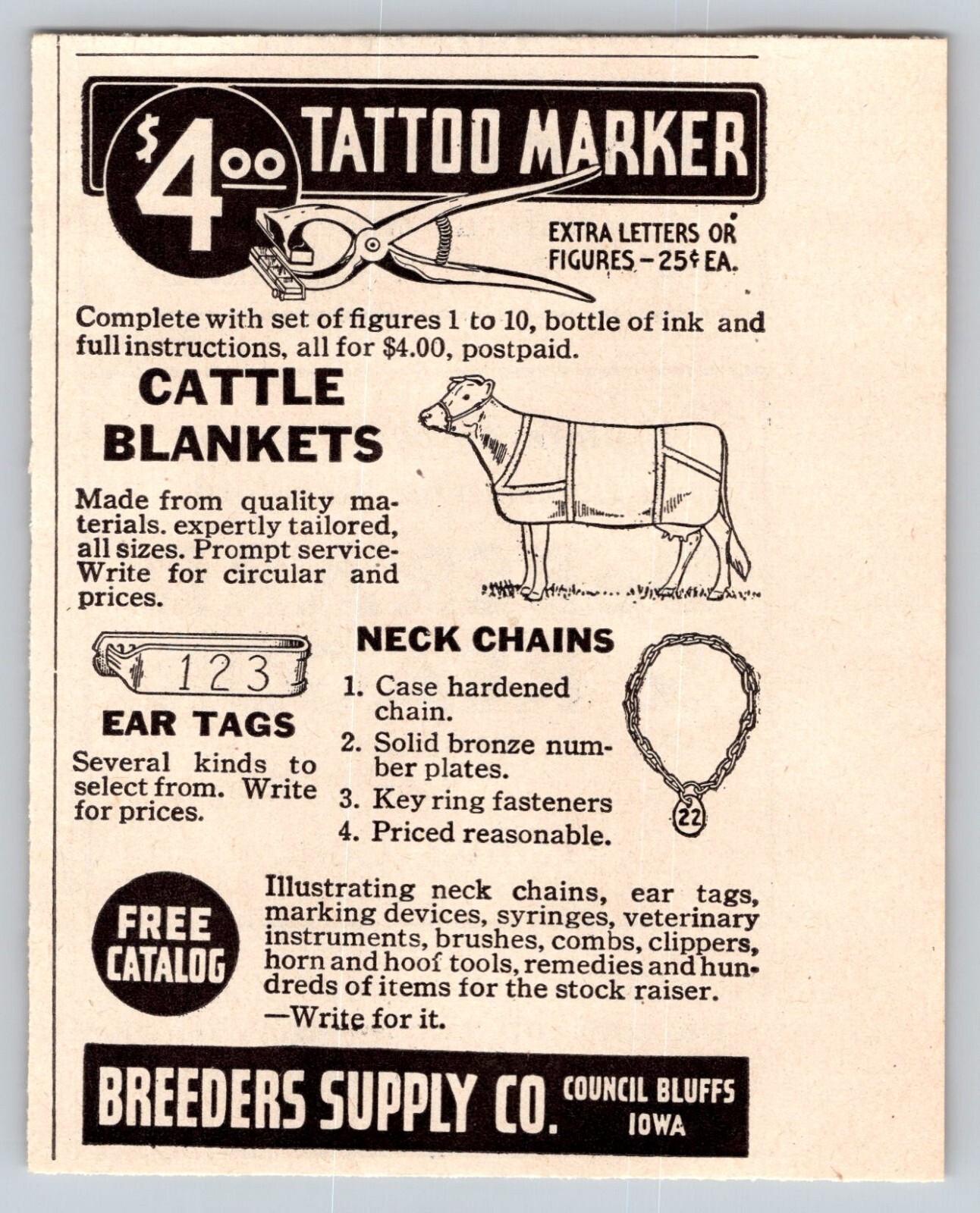 1948 Print Ad Breeders Supply Co Council Bluffs IA Tattoo Marker Cattle Blankets