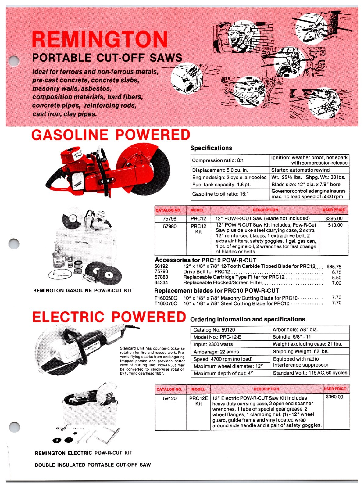 Original 1970s Remington Portable Cut off Saws Sales Info Sheet (All Models)