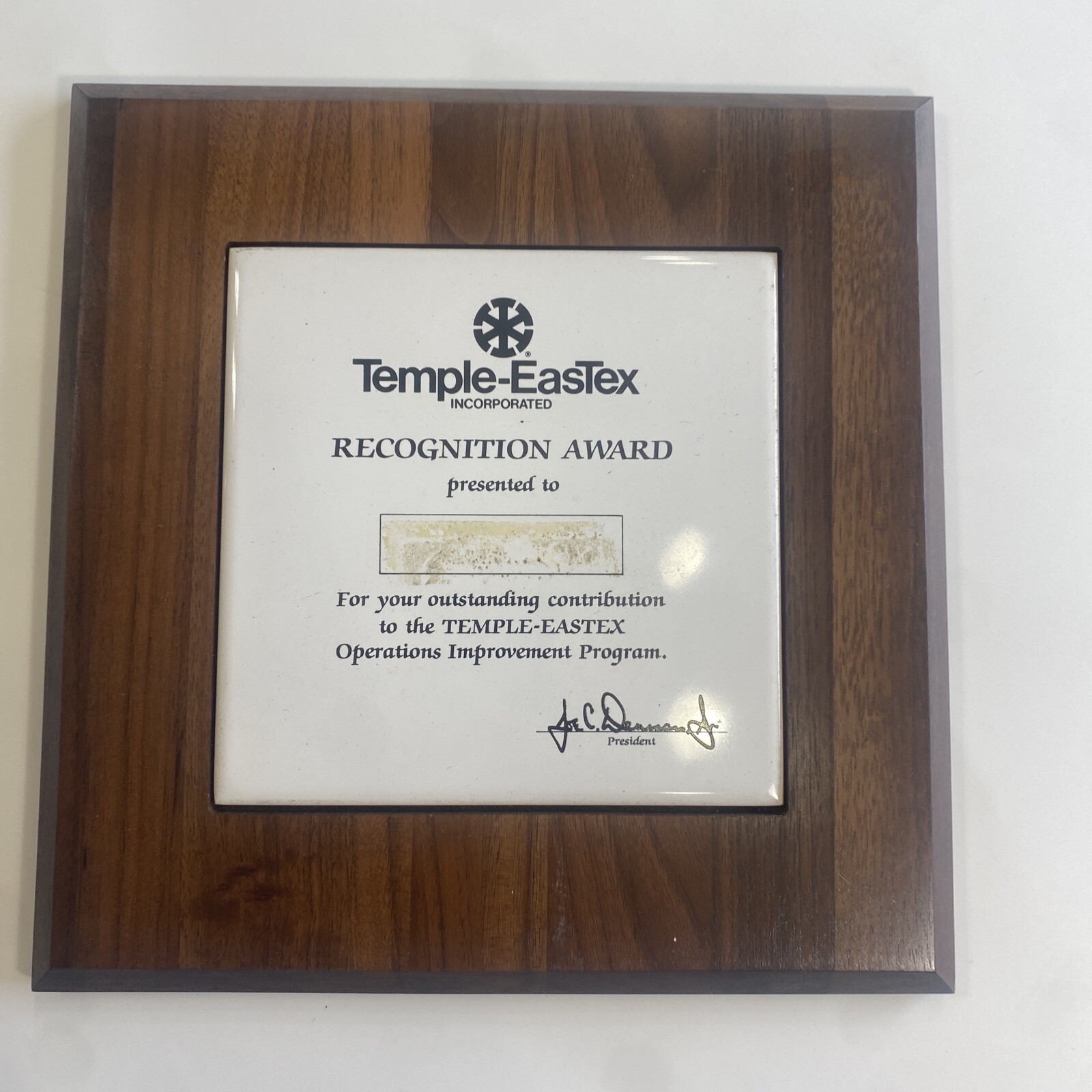 Vintage Temple EasTex Diboll Texas Recognition Award Plaque Wood Ceramic