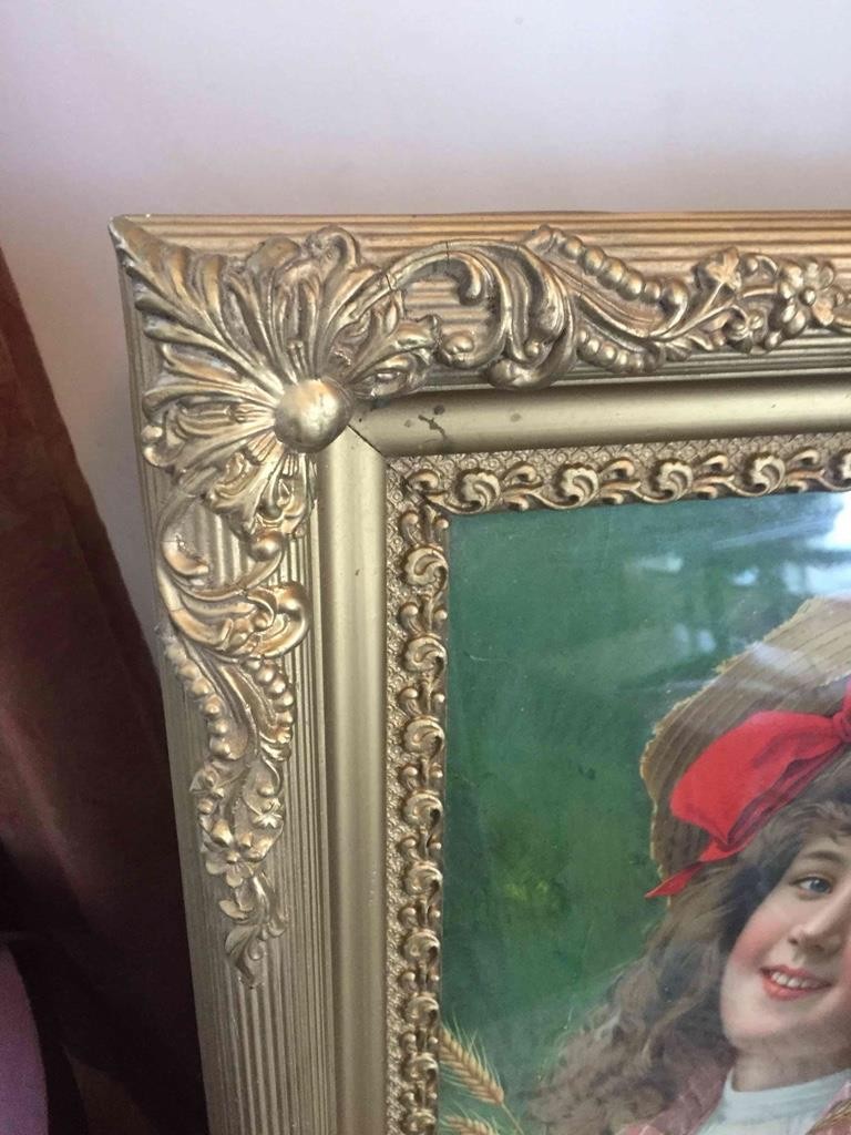 Antique The Johnston Harvester Co Framed Farm Girl Agriculture Advertising 22×20