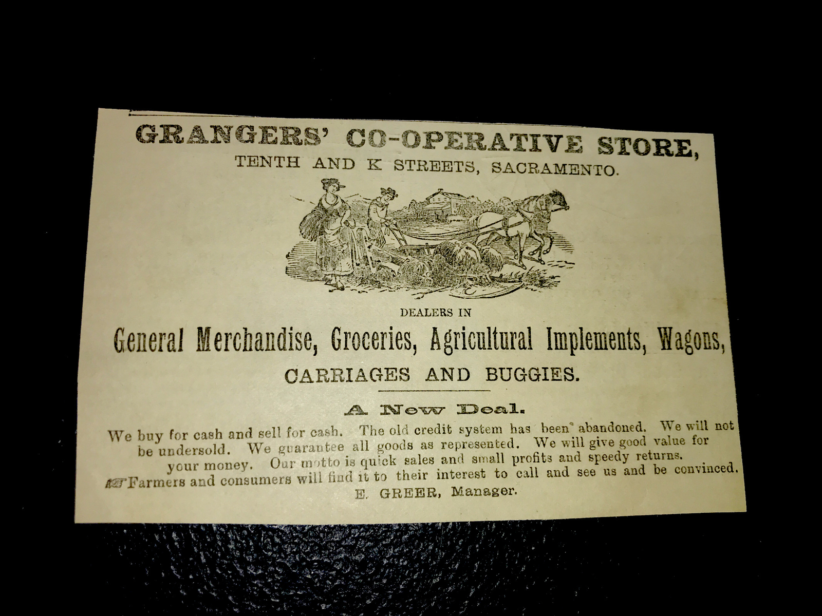 1886 Grangers’ Co-Operative Store Farm Advertising – Sacramento – California