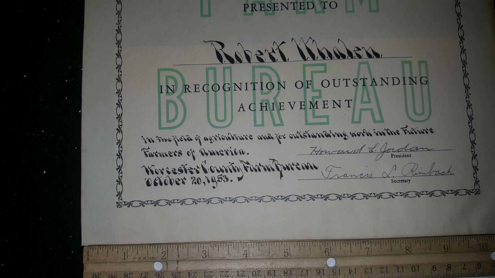 1953 FARM BUREAU DOCUMENT CERTIFICATE WORCESTER COUNTY FARM BUREAU MARYLAND?