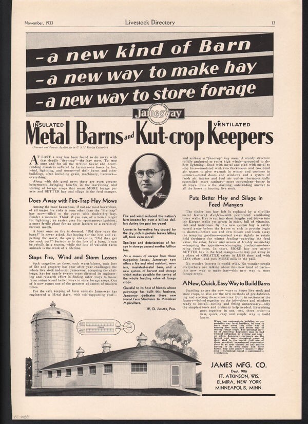 1933 JAMES METAL BARN SILO FARM LIVESTOCK AGRICULTURE ATKINSON WISC AD FC-0034