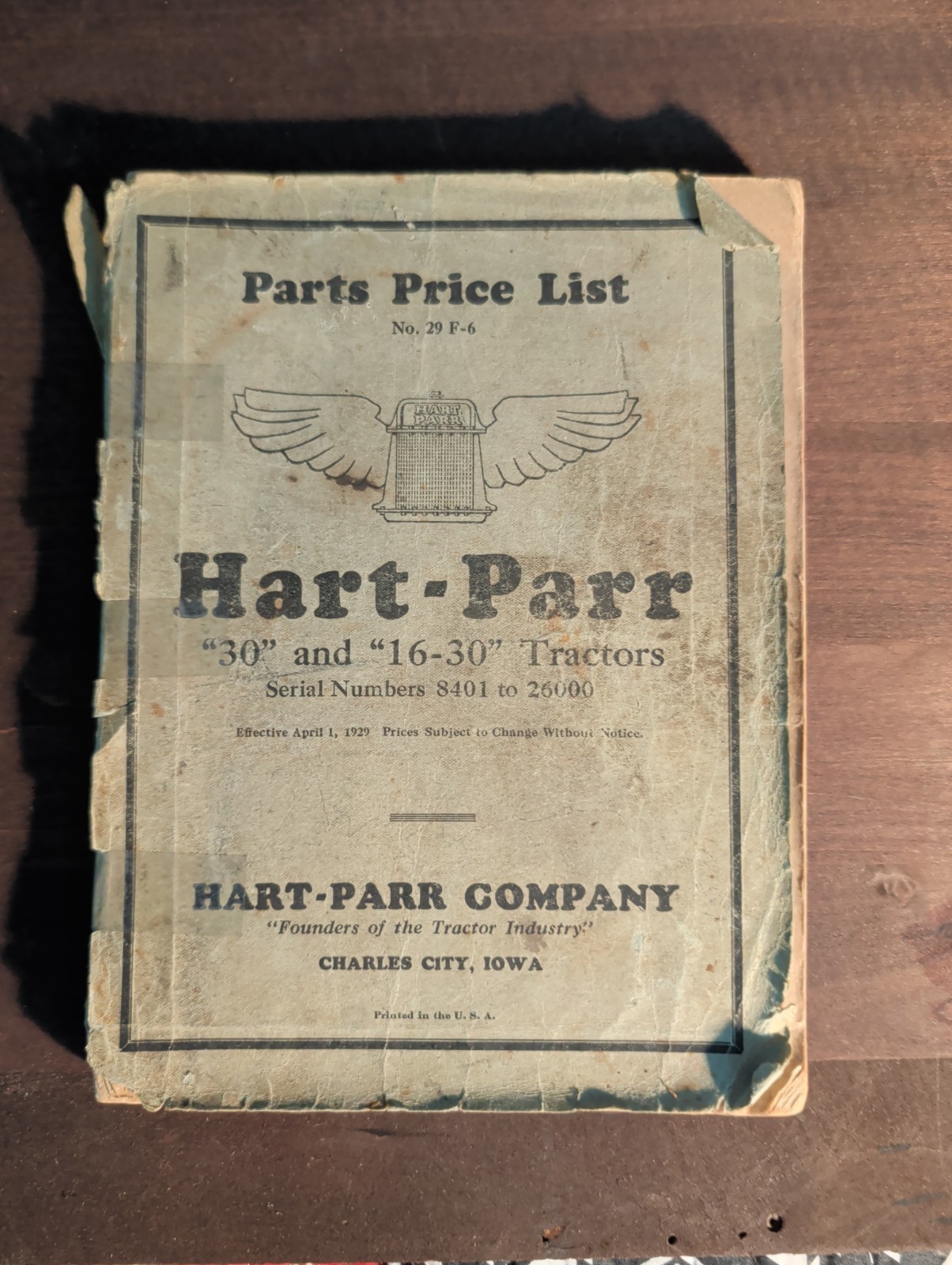 1929 Parts Price List for Hart-Parr « 30 » – « 16-30 » Tractor Serial # 8401 – 26000