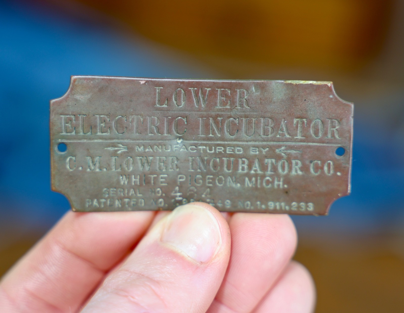 Vintage Lower Electric Incubator Brass Tag Nameplate Emblem White Pigeon MI