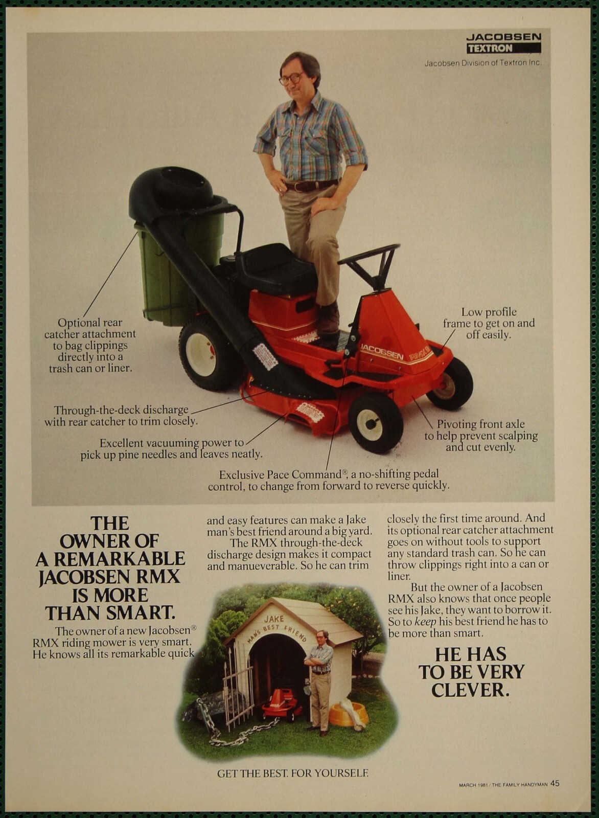 Jacobsen RMX Riding Lawn Grass Mower Bagger Vintage Print Ad 1981