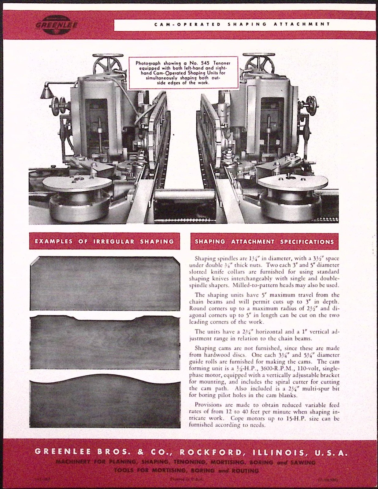1954 Greenlee Bros & Co Cam-Operated Shaping Attachment Brochure Rockford IL