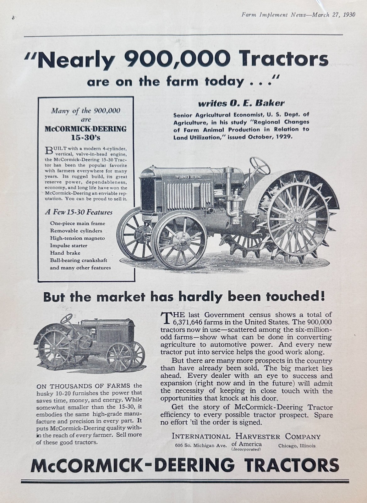 1930 McCormick-Deering 15-30 and Husky 10-20 Tractrors Vintage Ad #1195