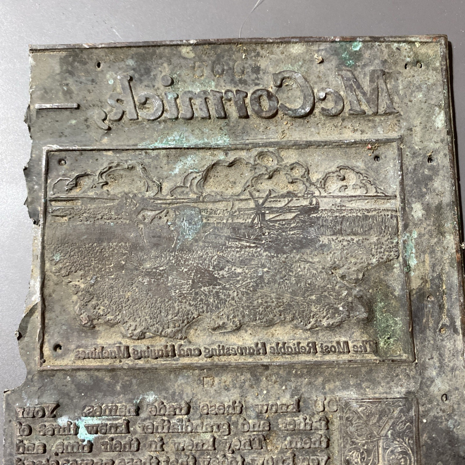 RARE McCormick Deering Copper Printing Plate 1930s farm imagery + Text Look!
