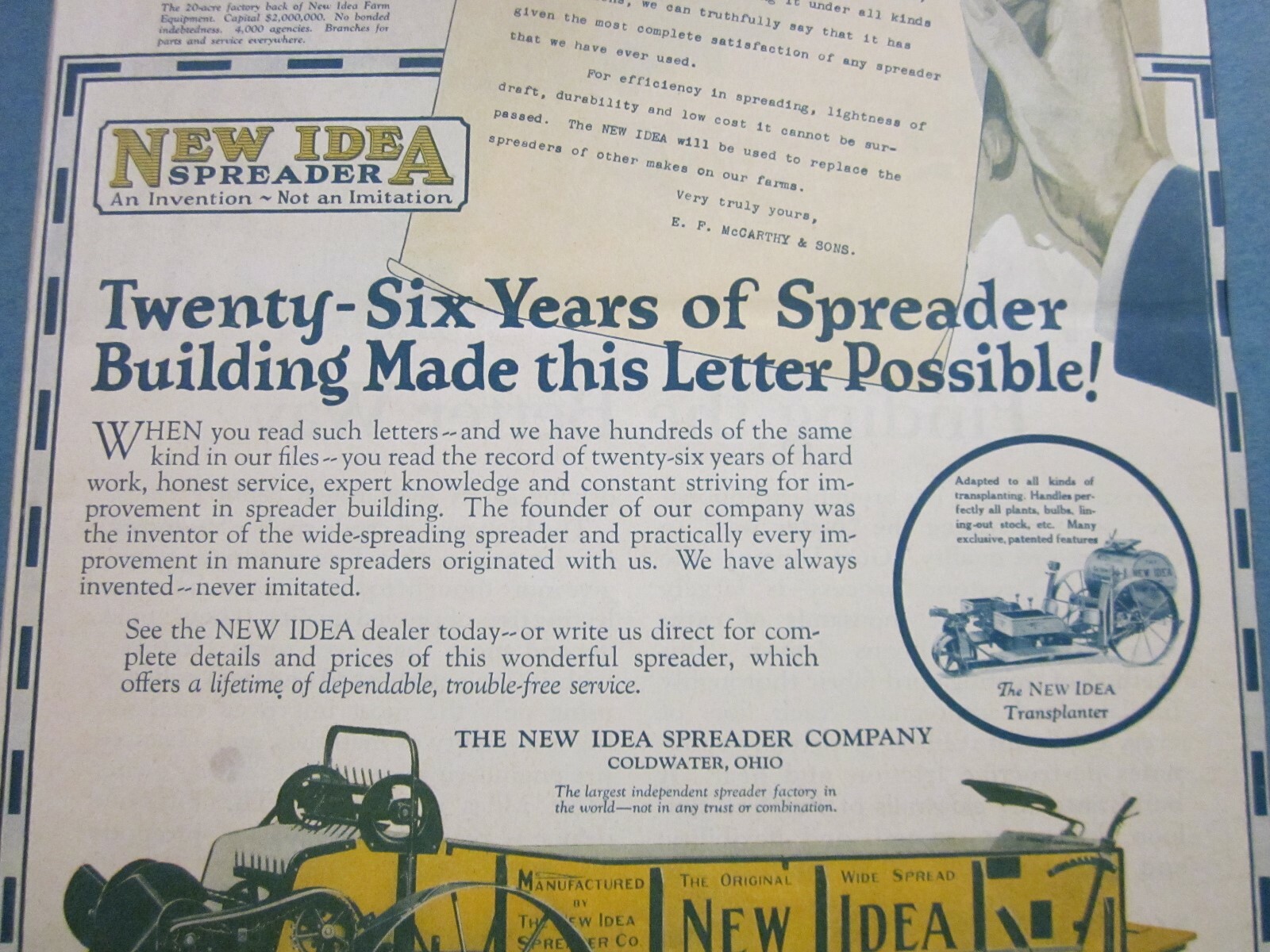 The Country Gentleman Mag 1926 Manure Spreader by New Idea On Cardboard