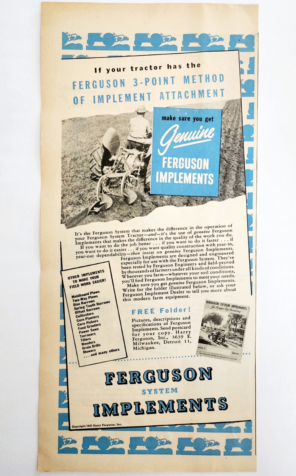 1947 Ferguson System Tractor Implements Advertisement Farming Agriculture DWNN18