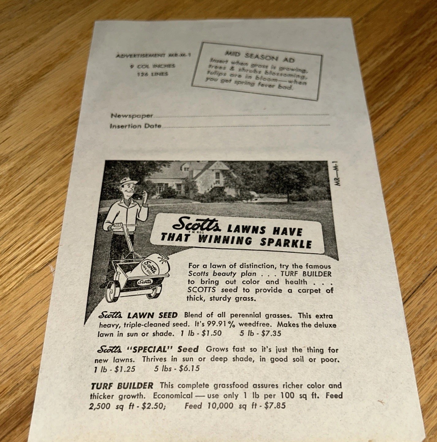 1940s O.M SCOTT & SONS CO Newspaper Mat & Layout Ad MID SEASON Marysville OHIO