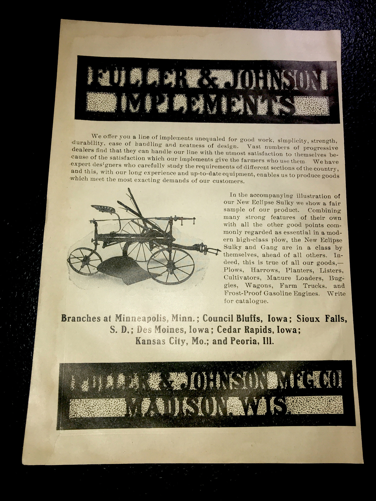 1908 Fuller & Johnson Implement Farm Advertising – Minneapolis – Minnesota