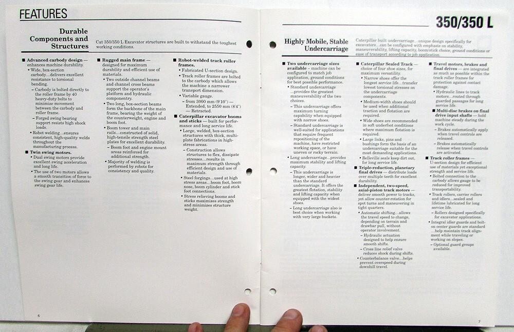 1995 Caterpillar 350 350L Excavator Specifications Construction Sales Brochure