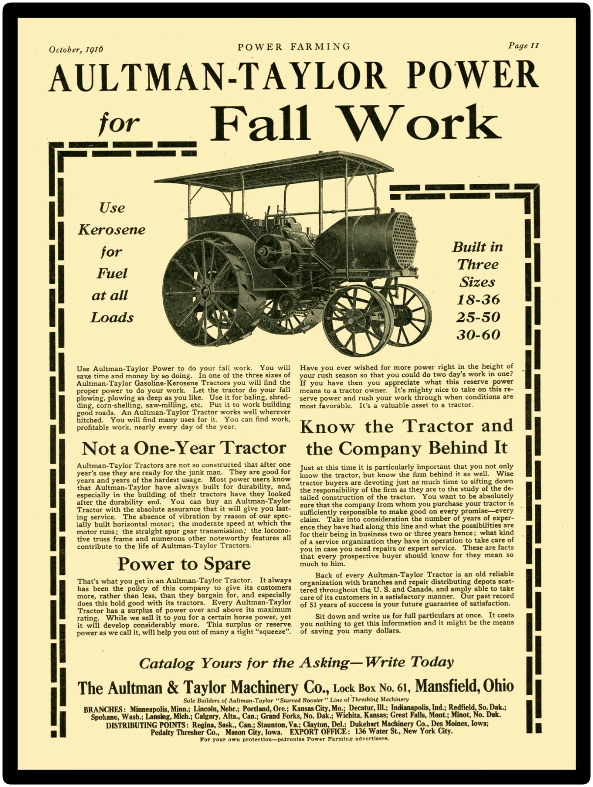 Vtg. Look 1916 Aultman Taylor New Metal Sign: Gasoline-Kerosine Tractor, 3 Sizes