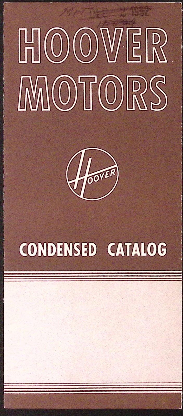 1952 Hoover Motors Condensed Catalog North Plainfield NJ