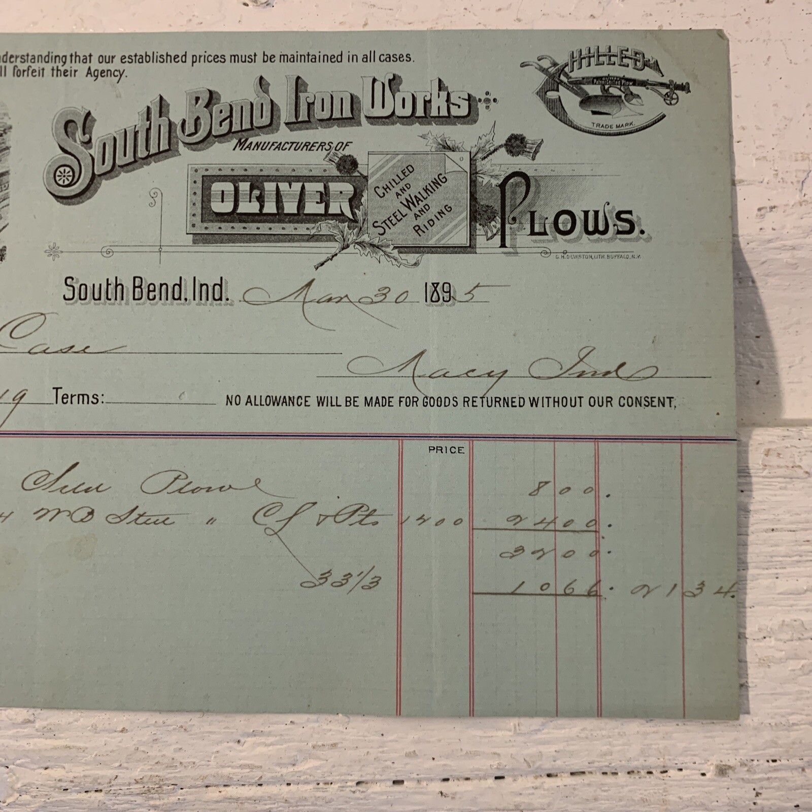 Antique 1895 Farm Receipt South Bend IN South Bend Iron Works~ Oliver Plows
