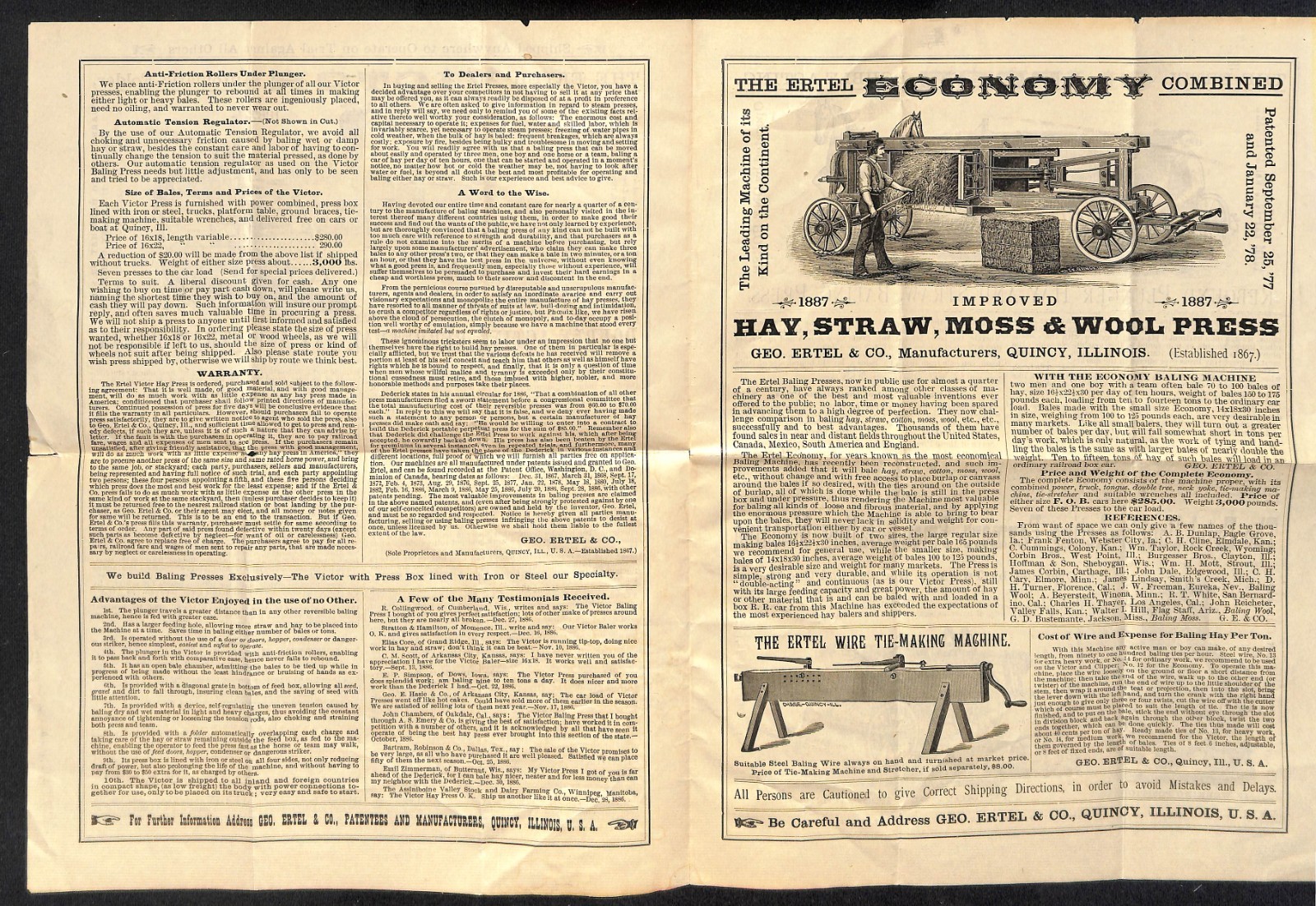 1887 Ertel « Victor » Perpetual Hay and Straw Press Single Sheet Brochure – Scarce