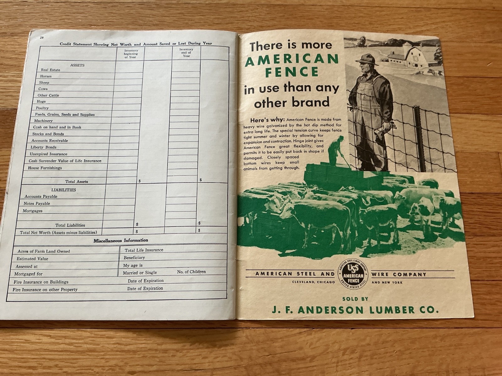 1948 Farm Acct. Record Book – J. F. Anderson Lumber Co. Minnesota, Iowa, Dakotas