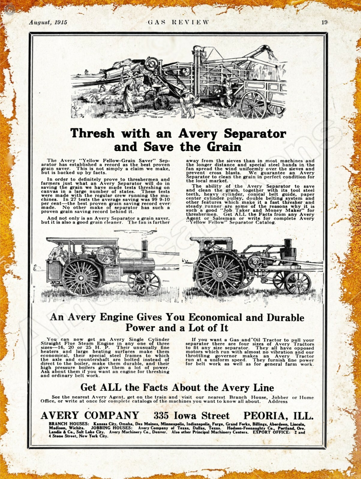 1915 Avery Steam Engines & Gas Tractors New Metal Sign: Large Size – 12 x 16