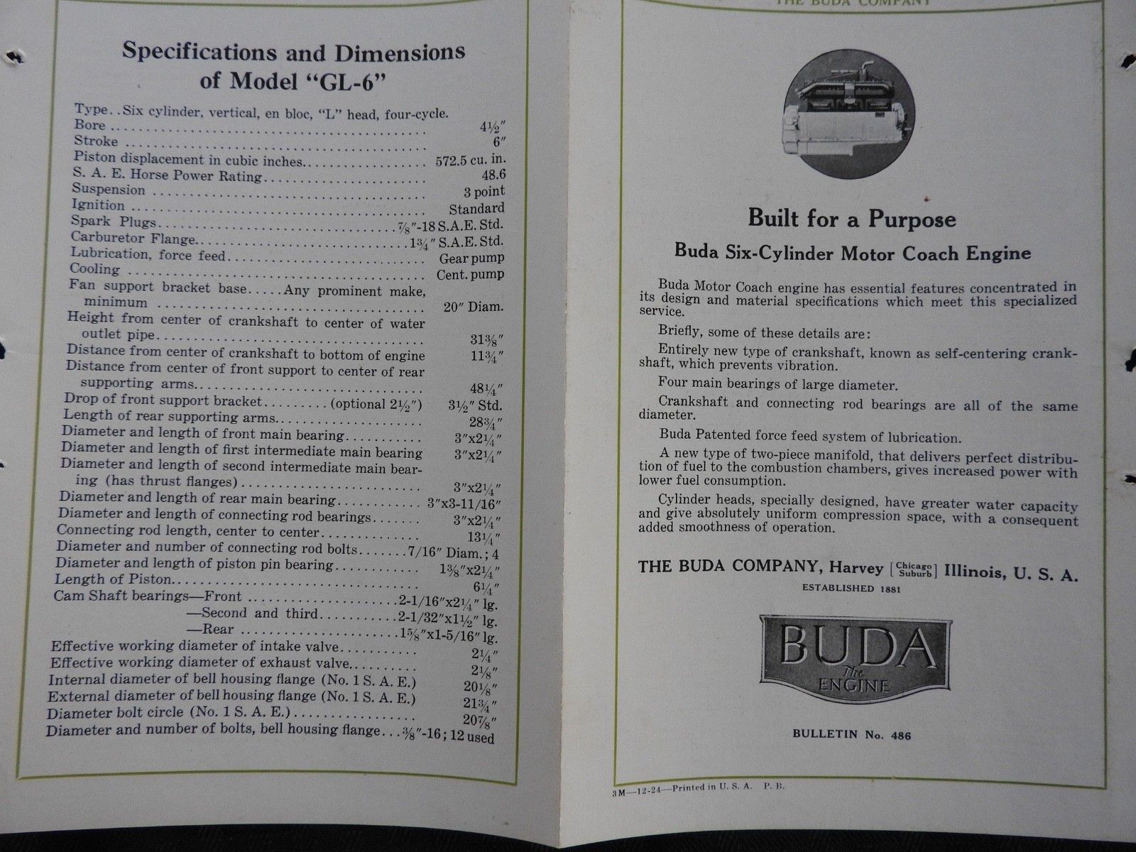 1924 « Buda Model GL-6 Gas Engines » Six Cylinder Engine Brochure RARE