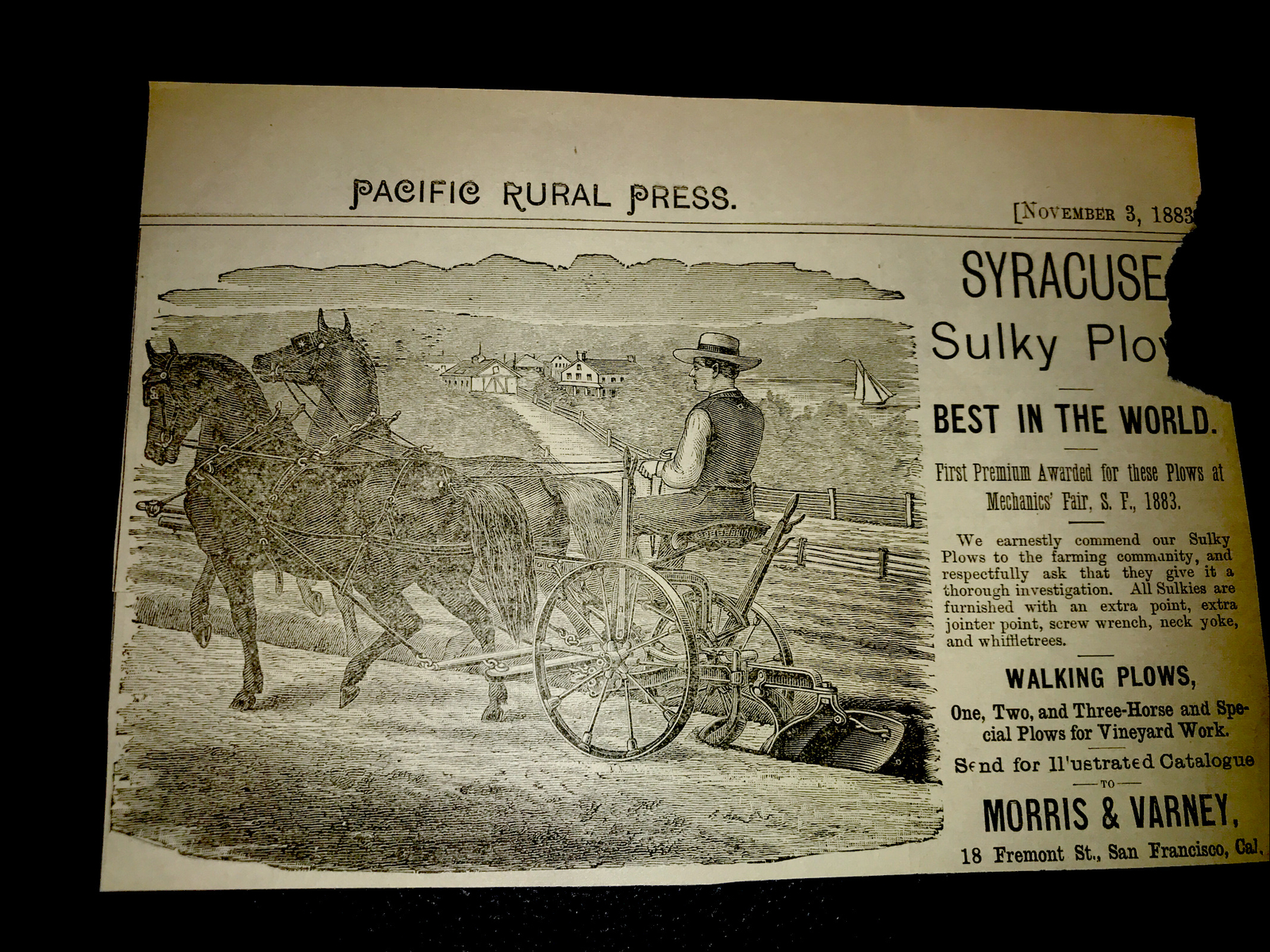 1883 Syracuse Sulky Plow Farm Engraving Advertising – San Francisco – California